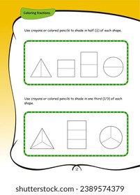 Use crayons or colored pencils to shade in half and one third of each shape. 