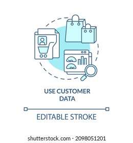Use customer data turquoise concept icon. Personalized information collection abstract idea thin line illustration. Isolated outline drawing. Editable stroke. Roboto-Medium, Myriad Pro-Bold fonts used