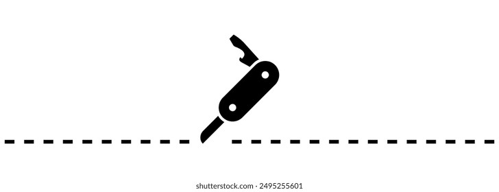 Use cutter knife black icon. Stationery cut line knife mark. Isolated cutting tool symbol on white background. Packaging dashed lines sign. Vector illustration.