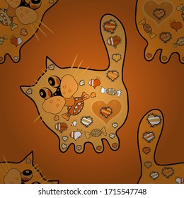 Use for desing, textiles, wrapping wallpaper, trendy prints on clothes. Vector illustration. Seamless pattern. Illustration at yellow, black and orange colours. Cheerful cat.