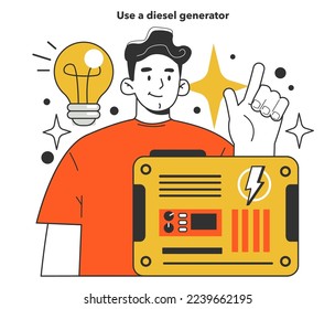 Use a diesel generator in emergency situation. Energy crisis, how to live in conditions of limited energy resources. Electricity, heating and gas turning off. Flat vector illustration