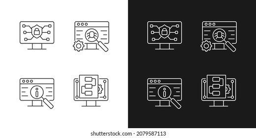 Use of digital technologies linear icons set for dark and light mode. Staying safe online. Software testing. Customizable thin line symbols. Isolated vector outline illustrations. Editable stroke