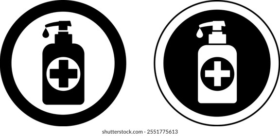 Desinfektionsmittel verwenden. Schwarzweiß-Vektorsymbole. Sicherheitsmaßnahmen, Prävention von Infektionskrankheiten. Schutz vor Coronavirus. Warnschild über obligatorische Handwäsche. Medizinkonzept