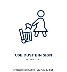utilice el icono de signo de la papelera de polvo de la colección de mapas y banderas. Señal de la papelera de polvo de uso lineal delgado, papelera, icono de contorno de polvo aislado en fondo blanco. El vector de línea usa el signo de la papelera de polvo, el símbolo de la web y el móvil