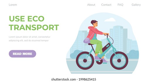 Use eco environment friendly transport - concept of website banner, flat vector illustration. Landing page mockup for electric transport rental and sale business.