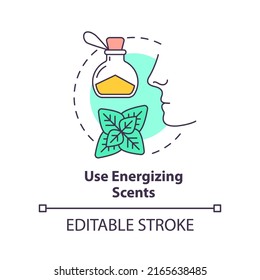 Use Energizing Scents Concept Icon. Peppermint Aroma. Road Trip Tip Abstract Idea Thin Line Illustration. Isolated Outline Drawing. Editable Stroke. Arial, Myriad Pro-Bold Fonts Used