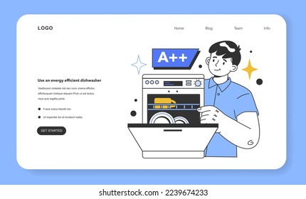 Use an energy efficient dishwasher for water efficiency at home web banner or landing page. Save money on your water bill and make your house more eco-friendly. Flat vector illustration