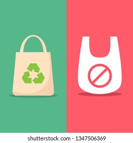 Use environmentally friendly bag and stop using plastic bag flat design vector illustration