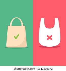 Use environmentally friendly bag and stop using plastic bag flat design vector illustration