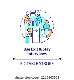 Use exit and stay interviews concept icon. Making DEI efforts effective practice abstract idea thin line illustration. Isolated outline drawing. Editable stroke. Arial, Myriad Pro-Bold fonts used
