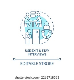 Use exit and stay interviews turquoise concept icon. DEI efforts effective practice abstract idea thin line illustration. Isolated outline drawing. Editable stroke. Arial, Myriad Pro-Bold fonts used