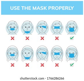 Use of the facial mask properly vector illustration. Man and woman correctly use facial mask
