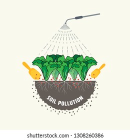 The use of fertilizer and pesticide for vegetable farming causing soil pollution. Vector illustration.