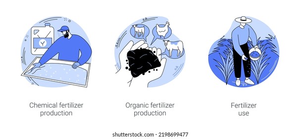 Use of fertilizers isolated cartoon vector illustrations set. Chemical crop fertilization, organic production, farmer throwing manure into the ground, natural nutrient, agriculture vector cartoon.