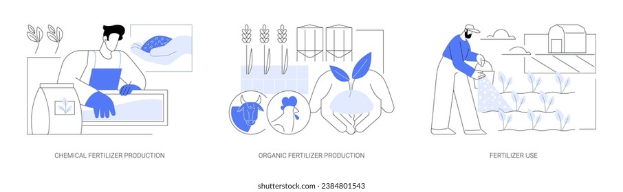 Use of fertilizers isolated cartoon vector illustrations set. Chemical crop fertilization, organic production, farmer throwing manure into the ground, natural nutrient, agriculture vector cartoon.