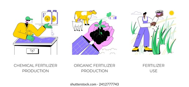 Use of fertilizers isolated cartoon vector illustrations set. Chemical crop fertilization, organic production, farmer throwing manure into the ground, natural nutrient, agriculture vector cartoon.