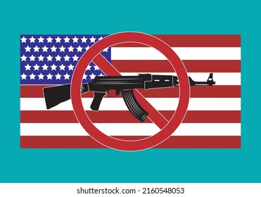 
The use of firearms is prohibited in the US. US flag with prohibited sign on a rifle or firearm