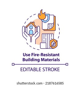 Use fire-resistant building materials concept icon. Surviving wildfire at home abstract idea thin line illustration. Isolated outline drawing. Editable stroke. Arial, Myriad Pro-Bold fonts used