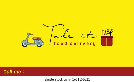 Use food delivery service for prevention of the spread of the virus."Take it easy food delivery". Food delivery services advertisement isolated on yellow background and red bottom line for your phone number.