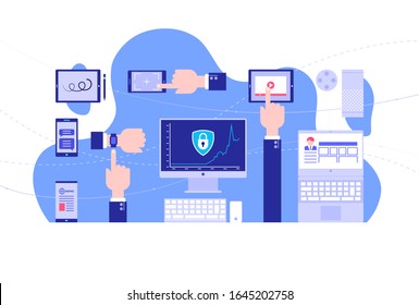 Uso de gadgets. Seguridad en Internet. Fondo claro. Estilo plano. Ilustración vectorial.