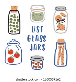 Use Glass Jars. Set of hand drawn collection with different shape jars and bottles. Tomatoes, legumes, cookies and candys. Eco life concept. Save the planet. - Vector