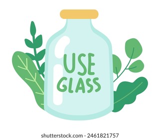 Use glass quote in flat design. Glass jar with green plant leaves with text. Vector illustration isolated.