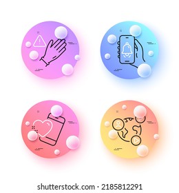 Utilice guantes, alerta de Bell y iconos de línea mínimos de videoconferencia. botones de esferas o bolas 3d. Iconos del corazón. Para web, aplicación, impresión. Alerta de guantes, reloj de alarma, entrenamiento web. Llama de amor. Vector