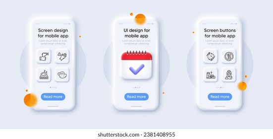 Use gloves, Potato and Nurse line icons pack. 3d phone mockups with calendar. Glass smartphone screen. Vaccination schedule, Food, Mattress web icon. Vector