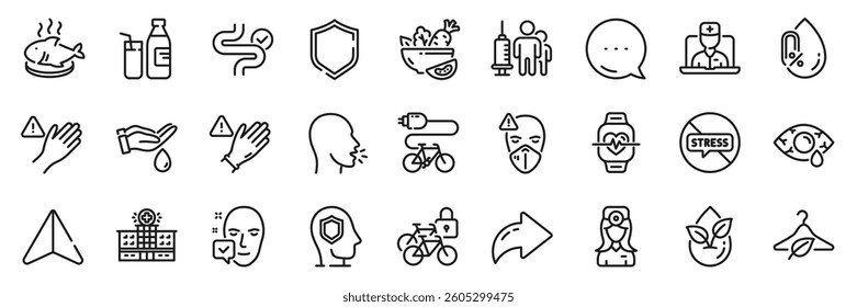 Use gloves, Slow fashion and Medical vaccination line icons pack. Share, Message, Paper plane icons. Bicycle lockers, Salad, Organic product web icon. Vector