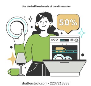 Use the half-load mode of the dishwasher for energy efficiency at home. Electricity consumption expenses. Inflation or economic recession effect. Flat vector illustration