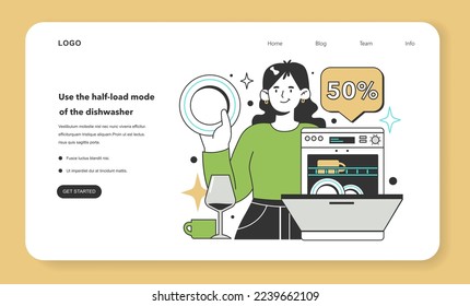 Use the half-load mode of the dishwasher for energy efficiency at home. Electricity consumption expenses. Inflation or economic recession effect. Flat vector illustration