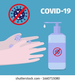  Brote de coronavirus. Prevención de COVID-19. Utilizar un sistema de saneamiento manual para la prevención del coronavirus. Protégete del covid-19.Detén el coronavirus. Ilustración vectorial.