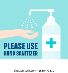 Use hand sanitiser sign - Hand Sanitizer Dispenser, infection control concept. Sanitizer to prevent colds, virus, Coronavirus, flu. Spray bottle and Hand on Clean Blue background. 