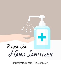 Use hand sanitiser sign - Hand Sanitizer Dispenser, infection control concept. Sanitizer to prevent colds, virus, Coronavirus, flu. Spray bottle and Hand on natural brown background. 