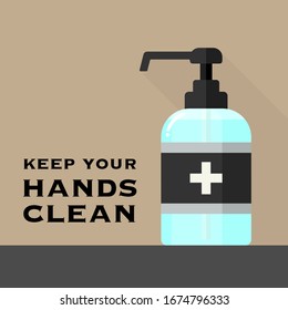 Use hand sanitiser sign - Hand Sanitizer Dispenser, infection control concept. Sanitizer to prevent colds, virus, Coronavirus, flu. Sanitizer bottle and keep your hands clean on yellow background. 