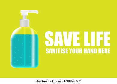 Use hand sanitiser sign - Hand Sanitizer Dispenser, infection control concept. Sanitizer to prevent colds, virus, Coronavirus, flu. Sanitizer bottle and keep your hands clean on yellow background.