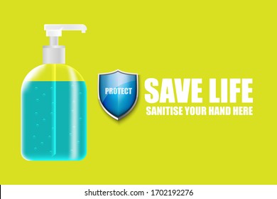 Use hand sanitiser sign - Hand Sanitizer Dispenser, infection control concept. Sanitizer to prevent colds, virus, Coronavirus, flu. Sanitizer bottle and keep your hands clean on yellow background.