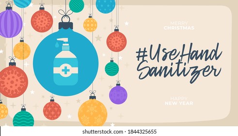 Use hand sanitizer christmas coronavirus outbreak concept. Christmas or new year Concept prevention COVID-19 disease with virus cells, flat cartoon ball on sand background