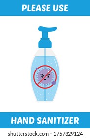 Use hand sanitizer gel vector poster template, printable A4 size. Coronavirus, covid-19 awareness.