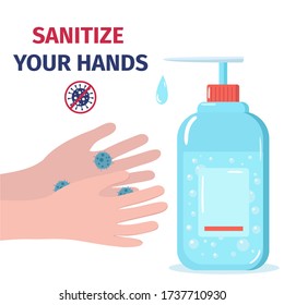 Use hand sanitizer to prevent virus and bacterial infections. Personal hygiene and healthcare concept. Bottle of antibacterial disinfectant and hands vector. Illustration for poster, banner.