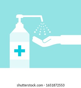 Use hand sanitizer sign - Hand Sanitizer Dispenser, infection control concept. Sanitizer to prevent colds, virus, Coronavirus, flu. Spray bottle and Hand on Clean Blue background. 