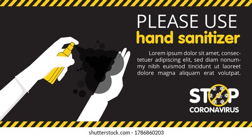 Use Hand Sanitizer sign vector, Content - Please use hand sanitizer, precaution for covid-19 pandemic situation. An information banner for greeting customers, for business, opening a store, cafe