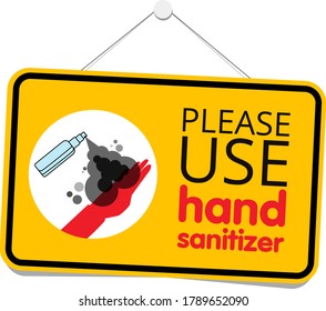 Usar el vector de signos de Sanitizer de mano, Contenido - Por favor, utilice un desinfectante de mano, precaución para la situación pandémica de covid-19. Un banner informativo para saludar a los clientes, para negocios, abrir una tienda, café