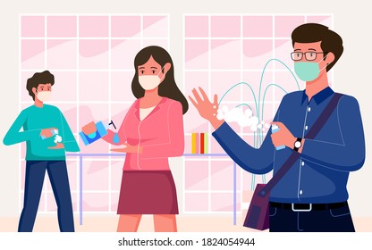 use hand sanitizer when outdoors and keep wearing a mask, prevent the spread of the virus, the concept of a modern flat illustration character
