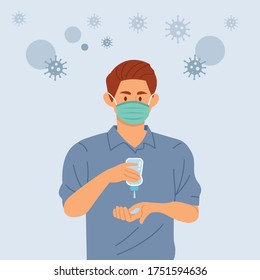 Use hand sanitizer. Young man with face masks use hand sanitizer gel to clean hands and prevent germs, bacteria and virus. flat style vector illustration