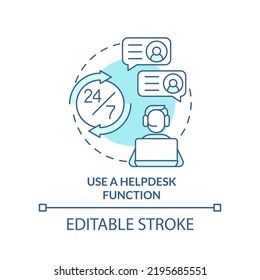 Use helpdesk function turquoise concept icon. Online store management tip abstract idea thin line illustration. Isolated outline drawing. Editable stroke. Arial, Myriad Pro-Bold fonts used