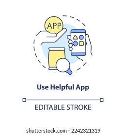 Use helpful app concept icon. Add review on product. Method to get client feedback abstract idea thin line illustration. Isolated outline drawing. Editable stroke. Arial, Myriad Pro-Bold fonts used
