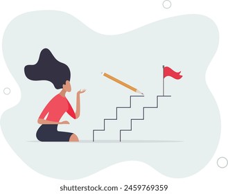 use huge pencil to draw rising up staircase and walk climbing up ladder.flat vector illustration.