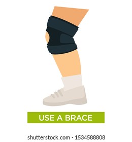 Use a knee brace for support during training or after injury, surgery to speed up healing, trauma preventive tip, health themed isolated colorful flat vector illustration on white background and text