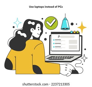 Verwenden Sie für die Energieeffizienz am Arbeitsplatz anstelle von PCs Laptops. Wie Sie die Kosten für Bürodienstleistungen senken, den Stromverbrauch reduzieren. Inflation oder wirtschaftlicher Rezessionseffekt. Flache Vektorgrafik
